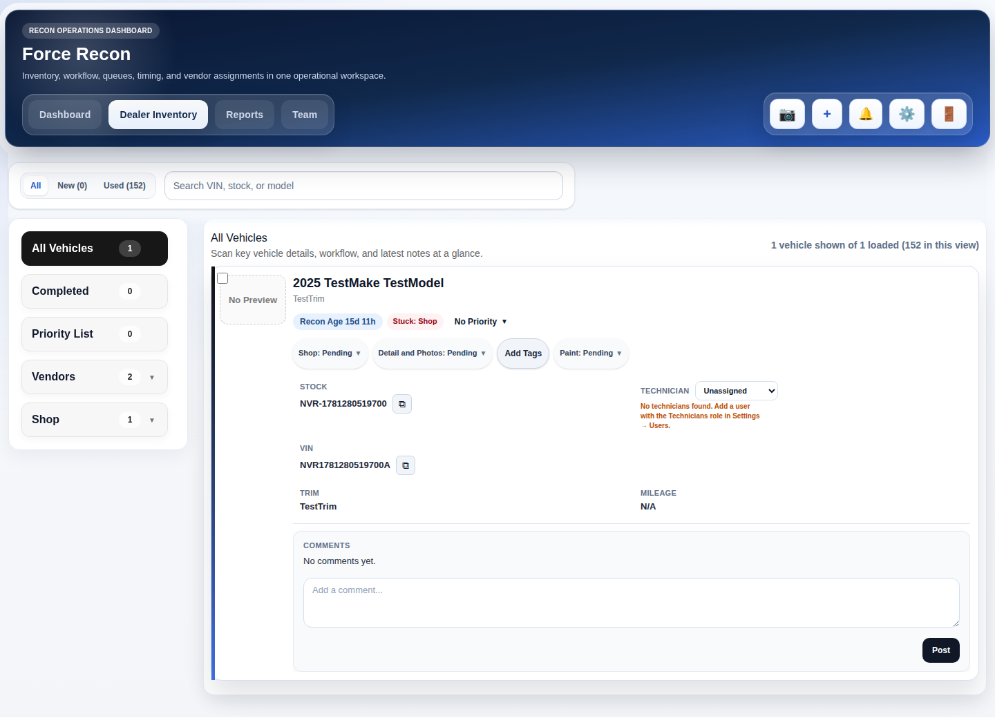 Force Recon web inventory dashboard with live vehicle cards and workflow status