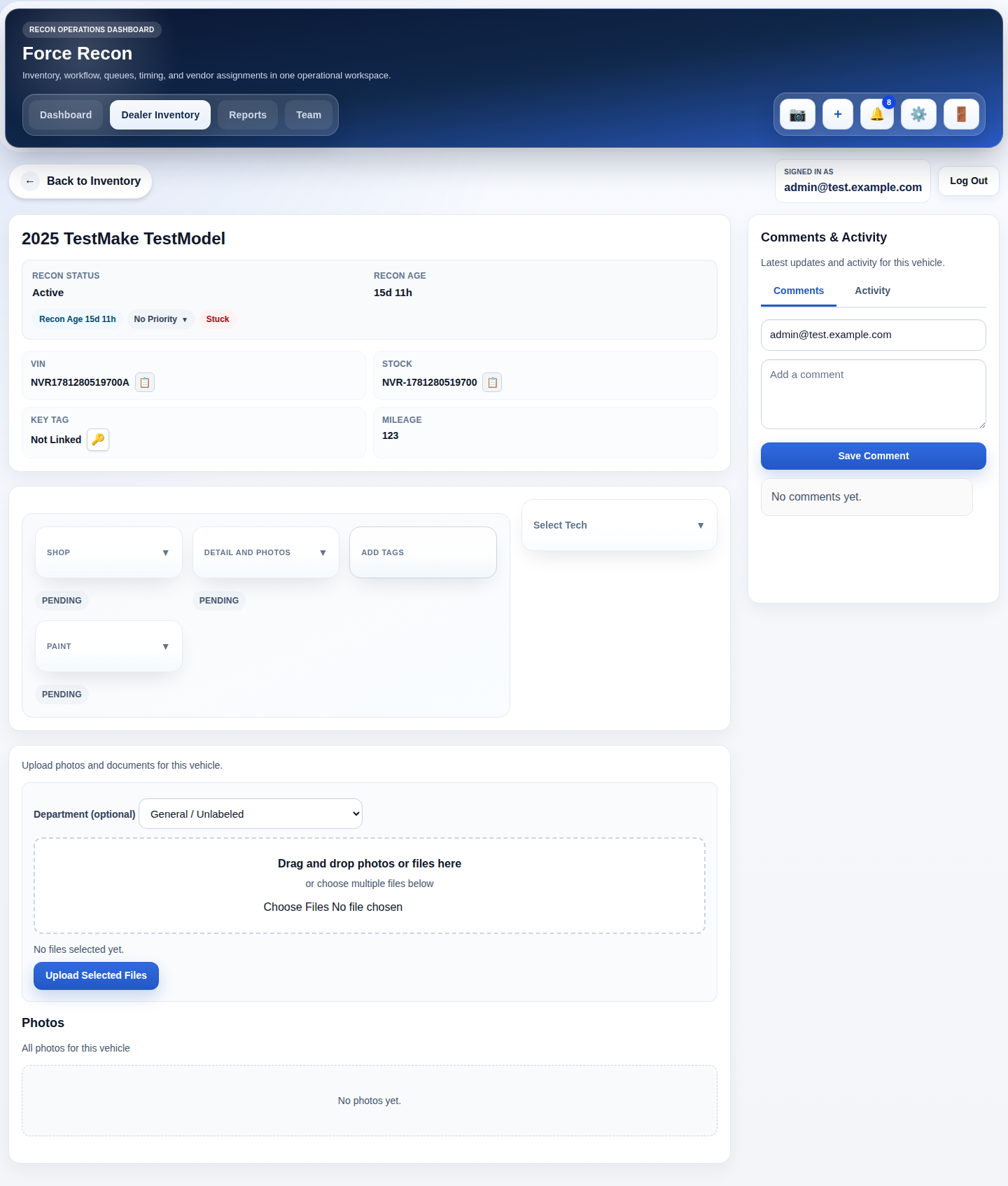 Force Recon vehicle detail page with workflow, assignment, and comments